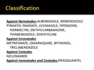 Benzimidazoles(Albendazole & Mebendazole )binds
to beta tubulin prevents polymerisation
break down of cytoplasmic microtubules
they Inhibit uptake of glucose and other nutrients
depletion of glycogen stores
decrease of ATP
leading to autolysis and death of the parasitic worm
Mebendazole is absorbed after oral – 10%
Fatty meal increases absorption Albendazole,
mebendazole
 