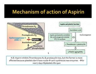 Aspirin
N.B.Aspirin inhibitsThromboxane A2 & prostacyclin too, but the former is more
affected because platelets don’t have nuclei can’t synthesize new enzymes for
next 7 daysplatelets life span
 