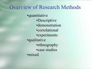 •quantitative
•Descriptive
•demonstration
•correlational
•experiments
•qualitative
•ethnography
•case studies
•mixed
Overview of Research Methods
 