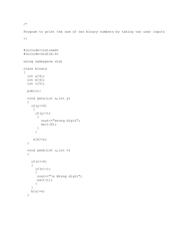 Binary addition using class concept in c++ | DOCX