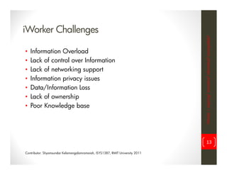 iWorker Challenges




                                                                               iWorker = inspiring? innovative? informative? incompatible?
•   Information Overload
•   Lack of control over Information
•   Lack of networking support
•   Information privacy issues
•   Data/Information Loss
•   Lack of ownership
•   Poor Knowledge base




                                                                                     13

Contributor: Shyamsundar Kelamangalamramaiah, ISYS1387, RMIT University 2011
 