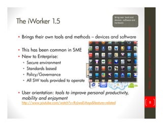 Bring own  tools and 

The iWorker 1.5                                           devices , software and 
                                                          hardware




                                                                                    iWorker = inspiring? innovative? informative? incompatible?
• Brings their own tools and methods – devices and software

• This has been common in SME
• New to Enterprise:
  •   Secure environment
  •   Standards based
  •   Policy/Governance
  •   All SW tools provided to operate


• User orientation: tools to improve personal productivity,
  mobility and enjoyment
 http://www.youtube.com/watch?v=RzJwaEiAays&feature=related                                                 8
 