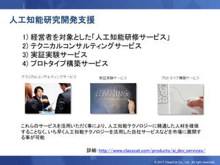 © 2017 ClassCat Co., Ltd. All right reserved.
人工知能研究開発支援
1) 経営者を対象とした「人工知能研修サービス」
2) テクニカルコンサルティングサービス
3) 実証実験サービス
4) プロトタイプ構築サービス
これらのサービスを活用いただく事により、人工知能テクノロジーに精通した人材を確保
することなく、いち早く人工知能テクノロジーを活用した自社サービスなどを市場に展開す
る事が可能
詳細：http://www.classcat.com/products/ai_dev_services/
 