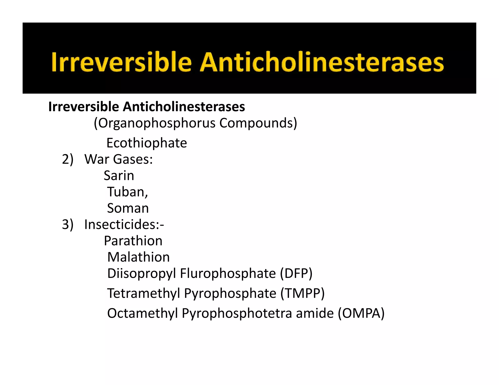 Irreversible Anticholinesterases
(Organophosphorus Compounds)
Ecothiophate
2) War Gases:
Sarin
Tuban,
Soman
3) Insecticides:-
Parathion
Malathion
Diisopropyl Flurophosphate (DFP)
Tetramethyl Pyrophosphate (TMPP)
Octamethyl Pyrophosphotetra amide (OMPA)
 