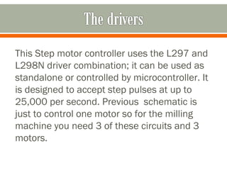 This Step motor controller uses the L297 and
L298N driver combination; it can be used as
standalone or controlled by microcontroller. It
is designed to accept step pulses at up to
25,000 per second. Previous schematic is
just to control one motor so for the milling
machine you need 3 of these circuits and 3
motors.
 