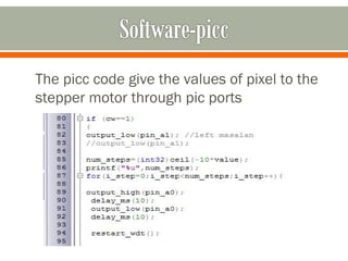 The picc code give the values of pixel to the
stepper motor through pic ports
 