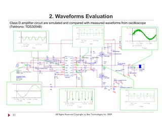2. Waveforms Evaluation
Class D amplifier circuit are simulated and compared with measured waveforms from oscilloscope
(Tektronix: TDS3054B)


                                                                                                             R3                                                                                               +B
                                                                                                                                                                                   VS                         15V
                                                                                                             47k                                                                                 +B
                                                   R8
                                                                                                                                                        2                                                     0
                                                                                                                                                                                                             C16




                                                                                                                                                                                                              +
                                                   820
                                                                                                                                                                                                      C15    EKMG500ELL222MLP1S
                                                                                                                                                                         R17                          RPER11H104K2K1A01B
                                                                                                                                                                20nH     1
                                                                                                                                                                Ls1                                   0           0
                                                                                                                                                                                   C14
                                                                                                                                             R9         1                          MMH250K684
                                                                                                                                             4.7k                       C11
                                                                                                                                                                        RPER11H104K2K1A01B
                                                                                                                                                                FET1
                                                        R4          75                 IC1                             D2                                       IRFIZ24N
                                                        220         VR1          VAA                   CSH             MUR120RLG         MUR120RLG      2
                                                                                       VAA       CSH                                     D1
                                                   C1                                                  VB             R12
                                                   EKMG500ELL100ME11D       C4        GND    VB               R11     10k   C9                    R13
                                          C2        +     R2                1nF IN-                    HO     10k           22u                   10            20nH                         L1
               IN                                                                     IN-    HO                                                                 Ls2
                                          10u             3k           C5                                                   IC = 12.85   R14                                                 7G14N-220-RB
                          R1              IC = 7                       1nF     COMP                    VS                                4.7            2                                                             OUT           +
                        V                                                             COMP   VS                   V                                     1
                          100k                            C6                                                                R16
      V1                            C3           AMZ0050J102                     CSD                   VCC                                                                                                             R18   R19V
                                                                                    V CSD   VCC                                                                   V
                                    RPER11H103K2K1A01B       C7                                                                              R15            20nH                                                       10    2.2k   -
                                                                                 VSS                   LO                   10
                                                             10u                                                                         0                  Ls3                                 C12                                     SPEAKER
       VOFF = 0            0              C8                 IC = 10                  VSS    LO                R20    C10 22u                                                           MMC250K474                                      F120A
                                                                               VREF                                                          10
       VAMPL = { 1.4142*VOUT/Gv }         10u                                                                  3.3k
                                                                                                               V
                                                                                                                      IC = 15                                                                                          C13
       FREQ = {f in}                      IC = 7                                      VREF  COM                                                         1                                                              MMC400K104
                                                                    R6 8.2k OCSET                      DT
                                                                                      OCSET  DT
       PARAMETERS:                                                        R7                                                                                    FET2                                          0       0        0
                                                                                       IRS2092
       VOUT = 2                                                           1.2k                                R21                                               IRFIZ24N
       Gv = 15.85                                                                                             8.2k                                      2                           C17
       f in = 1k                                                                                                                                                                    RPER11H104K2K1A01B

                                                                                                                                                            20nH




                                                                                                                                                                                                 +
                                                                                                                                                            Ls4                              0            0
                                                              R5
                                                                                                                                                            2              1            -B           C18
                                                                                                                                                        1       Ls5                                  EKMG500ELL222MLP1S
                                                                                                                                                                20nH          -B
                                                              820                                                                                                      -15V

                                                                                                                                                                                        0




 11                                                                       All Rights Reserved Copyright (c) Bee Technologies Inc. 2009
 