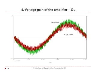 4. Voltage gain of the amplifier – GV


                                            GV = 26dB




                                                                     GV = 24dB




16           All Rights Reserved Copyright (c) Bee Technologies Inc. 2009
 