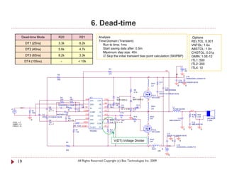 6. Dead-time
         Dead-time Mode                   R20                          R21                     Analysis                                                                                                            .Options
                                                                                               Time Domain (Transient)                                                                                             RELTOL: 0.001
             DT1 (25ns)                   3.3k                         8.2k                       Run to time: 1ms                                                                                                 VNTOL: 1.0u
             DT2 (40ns)                   5.6k                         4.7k                       Start saving data after: 0.5m                                                                                    ABSTOL: 1.0n
                                                                                                  Maximum step size: 40n                                                                                           CHGTOL: 0.01p
             DT3 (65ns)                   8.2k                         3.3k                        Skip the initial transient bias point calculation (SKIPBP)                                                     GMIN: 1.0E-12
             DT4 (105ns)                       -                   < 10k                                                                                                                                           ITL1: 500
                                                                                                                                                                                                                   ITL2: 200
                                                                                                          R3                                                                                               +B
                                                                                                                                                                                                                   ITL4: 10
                                                                                                                                                                                VS                         15V
                                                                                                          47k                                                                                 +B
                                         R8
                                                                                                                                                     2                                                     0 C16
                                                                                                                                                                                                          EKMG500ELL222MLP1S




                                                                                                                                                                                                           +
                                         820
                                                                                                                                                                                                   C15
                                                                                                                                                                      R17                          RPER11H104K2K1A01B
                                                                                                                                                             20nH     1
                                                                                                                                                             Ls1                                   0           0
                                                                                                                                                                                C14
                                                                                                                                          R9         1                          MMH250K684
                                                                                                                                          4.7k                       C11
                                                                                                                                                                     RPER11H104K2K1A01B
                                                                                                                                                             FET1
                                              R4          75                        IC1                             D2                D1                     IRFIZ24N
                                              220         VR1                 VAA                   CSH             MUR120RLG         MUR120RLG      2
                                                                                    VAA       CSH
                                          C1                                                        VB             R12
                                          EKMG500ELL100ME11D      C4                GND        VB          R11     10k   C9                    R13
                                 C2        +     R2               1nF IN-                           HO     10k           22u                   10            20nH                         L1
        IN                                                                          IN-       HO                                                             Ls2
V1                               10u               3k        C5                                                          IC = 12.85   R14                                                 7G14N-220-RB
                 R1              IC = 7                      1nF    COMP                            VS                                4.7            2                                                             OUT           +
                 100k                            C6                                 COMP       VS                        R16                         1
                           C3           AMZ0050J102                   CSD                           VCC                                                                                                             R18   R19
                                                   C7                               CSD       VCC                                         R15            20nH                                                       10    2.2k   -
                           RPER11H103K2K1A01B                                                                            10
                                                   10u                VSS                           LO                                0                  Ls3                                 C12                                     SPEAKER
                 0               C8                IC = 10                          VSS        LO          R20     C10 22u                                                           MMC250K474                                      F120A
                                                                    VREF                                                                  10
 VOFF = 0                        10u                                                                       3.3k    IC = 15                                                                                          C13
 VAMPL = 0                       IC = 7                                             VREF      COM                                                    1                                                              MMC400K104
 FREQ = 1k                                                R6 8.2k OCSET                             DT
                                                                                    OCSET      DT
                                                                R7                                         R21                                               FET2                                          0       0         0
                                                                                    IRS2092
                                                                1.2k                                       8.2k                                              IRFIZ24N
                                                                                                                                                     2                           C17
                                                                                                                                                                                 RPER11H104K2K1A01B

                                                                                                                                                         20nH




                                                                                                                                                                                              +
                                                    R5
                                                                                                                  V(DT) Voltage Divider                  Ls4                              0            0

                                                                                                                                                         2              1            -B           C18
                                                                                                                                                     1       Ls5                                  EKMG500ELL222MLP1S
                                                                                                                                                             20nH          -B
                                                    820                                                                                                             -15V

                                                                                                                                                                                     0


     19                                                           All Rights Reserved Copyright (c) Bee Technologies Inc. 2009
 