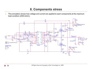 8. Components stress
          This simulation shows how voltage and current are applied to each components at the maximum
           load condition (25W,4ohm).
                                                                                                          R3                                                                                              +B
                                                                                                                                                                               VS                         15V
                                                                                                          47k                                                                                +B
                                               R8
                                                                                                                                                    2                                                     0
                                                                                                                                                                                                         C16




                                                                                                                                                                                                          +
                                               820
                                                                                                                                                                                                  C15    EKMG500ELL222MLP1S
                                                                                                                                                                     R17                          RPER11H104K2K1A01B
                                                                                                                                                            20nH     1
                                                                                                                                                            Ls1                                   0           0
                                                                                                                                                                               C14
                                                                                                                                         R9         1                          MMH250K684
                                                                                                                                         4.7k                       C11
                                                                                                                                                                    RPER11H104K2K1A01B
                                                                                                                                                            FET1
                                                    R4          75                  IC1                             D2                                      IRFIZ24N
                                                    220         VR1           VAA                   CSH             MUR120RLG        MUR120RLG      2
                                                                                    VAA       CSH                                    D1
                                                 C1                                                 VB             R12
                                                 EKMG500ELL100ME11D      C4         GND        VB          R11     10k   C9                   R13
                                        C2        +     R2               1nF IN-                    HO     10k           22u                  10            20nH                         L1
         IN                                                                         IN-       HO                                                            Ls2
V1                                      10u               3k        C5                                                   IC = 12.5   R14                                                 7G14N-220-RB
                     R1                 IC = 7                      1nF    COMP                     VS                               4.7            2                                                             OUT
                     100k                               C6                          COMP       VS                        R16                        1
                                  C3           AMZ0050J102                   CSD                    VCC                                                                                                            R18   R19    LOAD
                                                          C7                        CSD       VCC                                        R15            20nH                                                       10    2.2k
                                  RPER11H103K2K1A01B                                                                     10                                                                                                     {RL}
                                                          10u                VSS                    LO                               0                  Ls3                                 C12
                    0                   C8                IC = 9.81                 VSS        LO           R20    C10 22u                                                          MMC250K474
                                                                           VREF                                                          10
 VOFF = 0                               10u                                                                 3.3k   IC = 15.5                                                                                       C13
 VAMPL = {1.4142*SQRT(Po*RL)/Gv }       IC = 7                                      VREF      COM                                                   1                                                              MMC400K104
 FREQ = 1k                                                       R6 8.2k OCSET                      DT
                                                                                    OCSET      DT
                                                                      R7                                                                                    FET2                                          0       0         0
 PARAMETERS:                                                                        IRS2092
                                                                      1.2k                                 R21                                              IRFIZ24N
 Po = 25                                                                                                   8.2k                                     2                           C17
                                                                                                                                                                                RPER11H104K2K1A01B
 Gv = 15.85
 RL = 4                                                                                                                                                 20nH




                                                                                                                                                                                             +
                                                                                                                                                        Ls4                              0            0
                                                          R5
                                                                                                                                                        2              1            -B           C18
                                                                                                                                                    1       Ls5                                  EKMG500ELL222MLP1S
                                                                                                                                                            20nH          -B
                                                          820                                                                                                      -15V

                                                                                                                                                                                    0




      26                                                               All Rights Reserved Copyright (c) Bee Technologies Inc. 2009
 