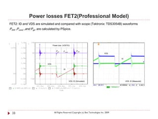 Power losses FET2(Professional Model)
FET2: ID and VDS are simulated and compared with scope (Tektronix: TDS3054B) waveforms
PSW ,Pcond ,and Pgd are calculated by PSpice.



                                 Power loss (VDS*ID)


                                    Pgd      Pcond            PSW
                                                                                        VDS

                                                                                                 ID

                           VDS

                                             ID




                                                     VDS, ID (Simulated)                              VDS, ID (Measured)




 33                               All Rights Reserved Copyright (c) Bee Technologies Inc. 2009
 