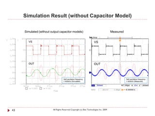 Simulation Result (without Capacitor Model)

     Simulated (without output capacitor models)                                        Measured


       VS                                                             VS




       OUT                                                            OUT



                                    Self-oscillation frequency                                     Self-oscillation frequency
                                    = 400kHz (Simulated)                                           = 400kHz (Measured)




43                       All Rights Reserved Copyright (c) Bee Technologies Inc. 2009
 