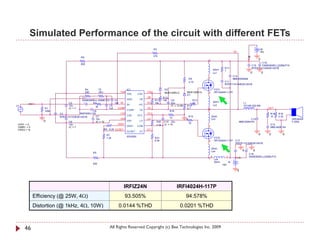 Simulated Performance of the circuit with different FETs
                                                                                                 R3                                                                                                +B
                                                                                                                                                                        VS                         15V
                                                                                                 47k                                                                                  +B
                                       R8
                                                                                                                                             2                                                     0
                                                                                                                                                                                                  C16




                                                                                                                                                                                                   +
                                       820
                                                                                                                                                                                           C15    EKMG500ELL222MLP1S
                                                                                                                                                              R17                          RPER11H104K2K1A01B
                                                                                                                                                     20nH     1
                                                                                                                                                     Ls1                                   0           0
                                                                                                                                                                        C14
                                                                                                                                  R9         1                          MMH250K684
                                                                                                                                  4.7k                        C11
                                                                                                                                                              RPER11H104K2K1A01B

                                            R4          75                 IC1                             D2                                        FET1
                                            220         VR1          VAA                   CSH             MUR120RLG          MUR120RLG      2       IRFI4024H-117P
                                                                           VAA       CSH                                      D1
                                       C1                                                  VB             R12
                                       EKMG500ELL100ME11D      C4          GND        VB          R11     10k    C9                    R13
                              C2        +     R2               1nF IN-                     HO     10k            22u                   10            20nH                         L1
        IN                                                                 IN-       HO                                                              Ls2
V1                            10u               3k        C5                                                     IC = 12.85   R14                                                 7G14N-220-RB
                 R1           IC = 7                      1nF    COMP                      VS                                 4.7            2                                                             OUT           +
                 100k                         C6                           COMP       VS                        R16                          1
                        C3           AMZ0050J102                   CSD                     VCC                                                                                                              R18   R19
                                                C7                         CSD       VCC                                          R15            20nH                                                       10    2.2k   -
                        RPER11H103K2K1A01B                                                                      10
                                                10u                VSS                     LO                                 0                  Ls3                                 C12                                     SPEAKER
                 0            C8                IC = 10                    VSS        LO           R20    C10 22u                                                            MMC250K474                                      F120A
                                                                 VREF                                                             10
 VOFF = 0                     10u                                                                  3.3k   IC = 15                                                                                           C13
 VAMPL = 0                    IC = 7                                       VREF      COM                                                     1                                                              MMC400K104
 FREQ = 1k                                             R6 8.2k OCSET                       DT
                                                                           OCSET      DT
                                                              R7                                                                                                                                   0       0         0
                                                                           IRS2092
                                                              1.2k                                R21                                                FET2
                                                                                                  8.2k                                       2       IRFI4024H-117P      C17
                                                                                                                                                                         RPER11H104K2K1A01B

                                                                                                                                                 20nH




                                                                                                                                                                                      +
                                                                                                                                                 Ls4                              0            0
                                                  R5
                                                                                                                                                                                          C18
                                                                                                                                                 2             1             -B           EKMG500ELL222MLP1S
                                                                                                                                             1       Ls5
                                                                                                                                                     20nH          -B
                                                  820                                                                                                       -15V

                                                                                                                                                                             0




                                                                       IRFIZ24N                                       IRFI4024H-117P
             Efficiency (@ 25W, 4Ω)                                     93.505%                                               94.578%
             Distortion (@ 1kHz, 4Ω, 10W)                            0.0144 %THD                                        0.0201 %THD



     46                                                         All Rights Reserved Copyright (c) Bee Technologies Inc. 2009
 