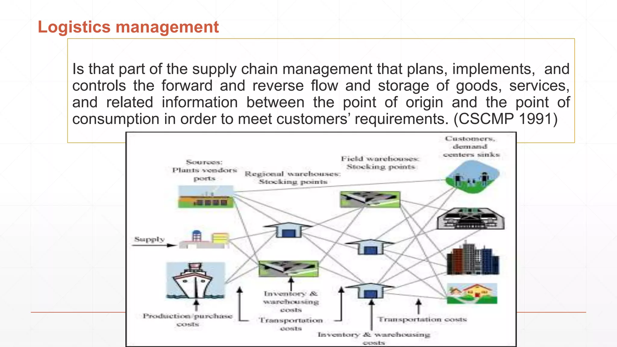 Logistics management
Is that part of the supply chain management that plans, implements, and
controls the forward and reverse flow and storage of goods, services,
and related information between the point of origin and the point of
consumption in order to meet customers’ requirements. (CSCMP 1991)
 
