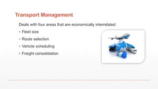 Transport Management
Deals with four areas that are economically interrelated:
▪ Fleet size
▪ Route selection
▪ Vehicle scheduling
▪ Freight consolidation
 