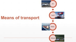 Means of transport
Air
Land
Water
Others
 