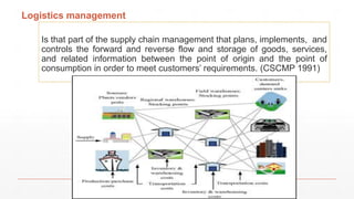 Logistics management
Is that part of the supply chain management that plans, implements, and
controls the forward and reverse flow and storage of goods, services,
and related information between the point of origin and the point of
consumption in order to meet customers’ requirements. (CSCMP 1991)
 