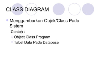 CLASS DIAGRAM
Menggambarkan Objek/Class Pada
Sistem
Contoh :
 Object Class Program
 Tabel Data Pada Database
 