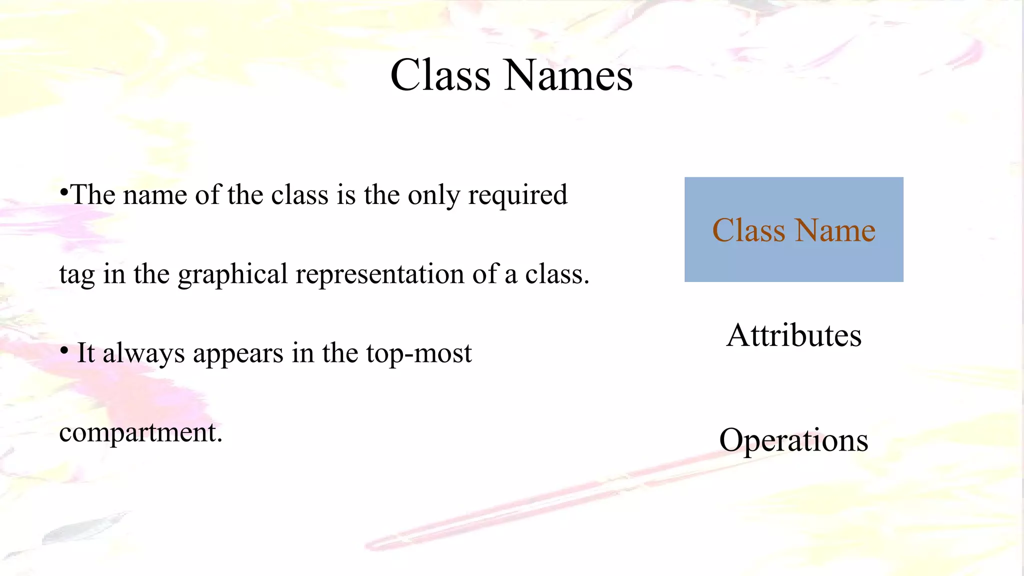 Class Names
•The name of the class is the only required
tag in the graphical representation of a class.
• It always appears in the top-most
compartment.
Class Name
Attributes
Operations
 