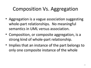 Composition Vs. Aggregation
• Aggregation is a vague association suggesting
whole-part relationships. No meaningful
semantics in UML versus association.
• Composition, or composite aggregation, is a
strong kind of whole-part relationship.
• Implies that an instance of the part belongs to
only one composite instance of the whole
22
 
