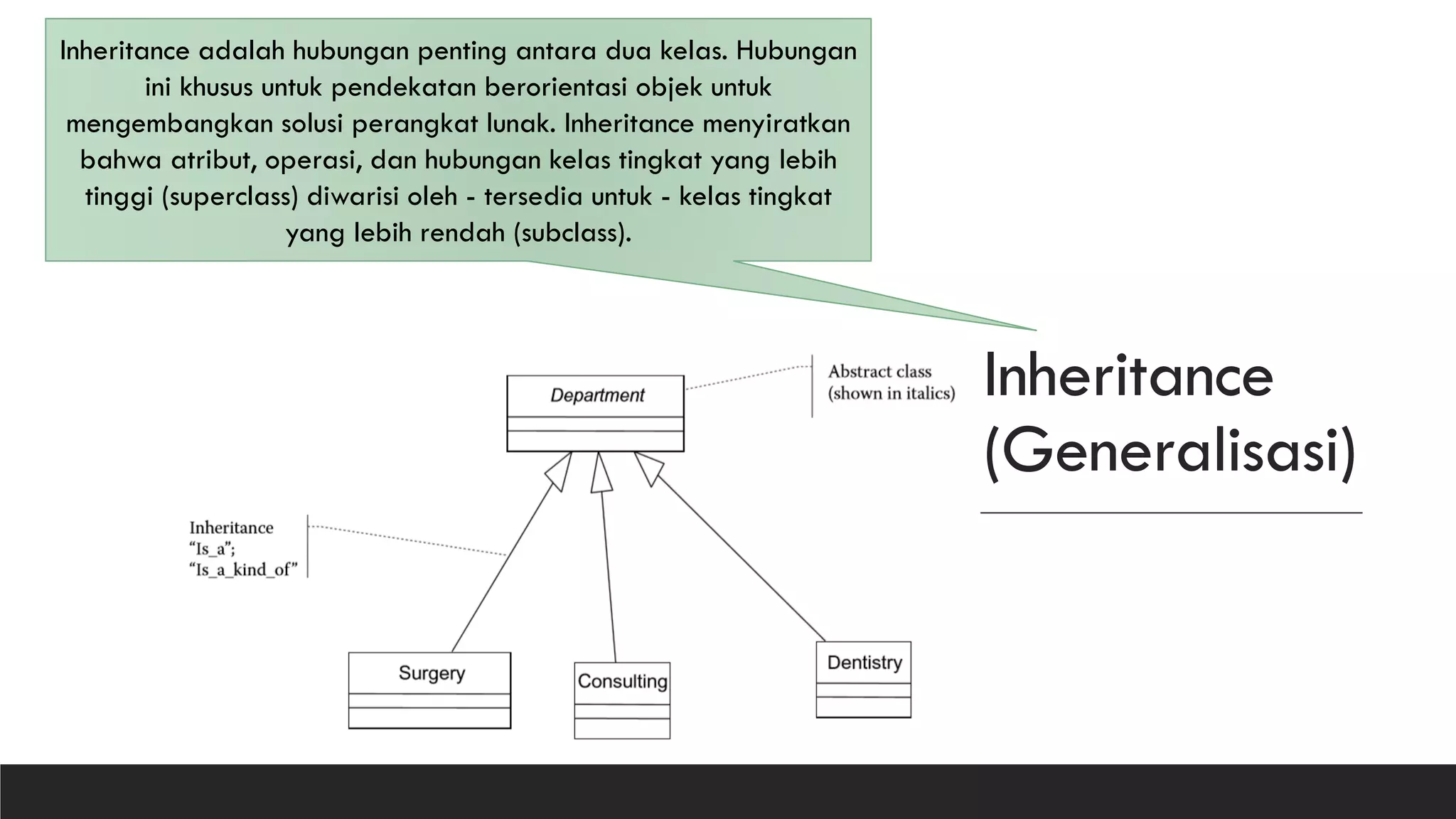 Inheritance
(Generalisasi)
Inheritance adalah hubungan penting antara dua kelas. Hubungan
ini khusus untuk pendekatan berorientasi objek untuk
mengembangkan solusi perangkat lunak. Inheritance menyiratkan
bahwa atribut, operasi, dan hubungan kelas tingkat yang lebih
tinggi (superclass) diwarisi oleh - tersedia untuk - kelas tingkat
yang lebih rendah (subclass).
 
