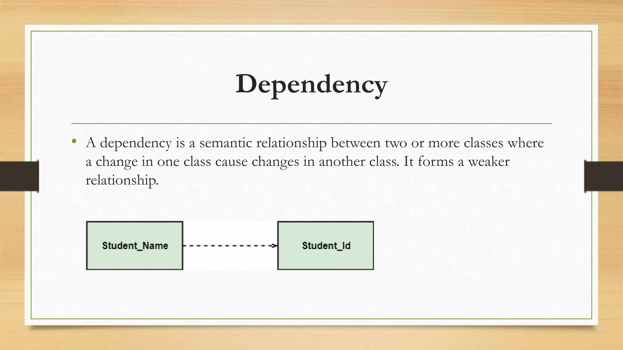 Dependency
• A dependency is a semantic relationship between two or more classes where
a change in one class cause changes in another class. It forms a weaker
relationship.
 