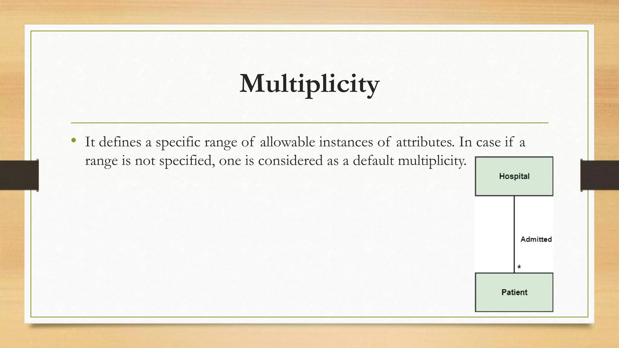 Multiplicity
• It defines a specific range of allowable instances of attributes. In case if a
range is not specified, one is considered as a default multiplicity.
 