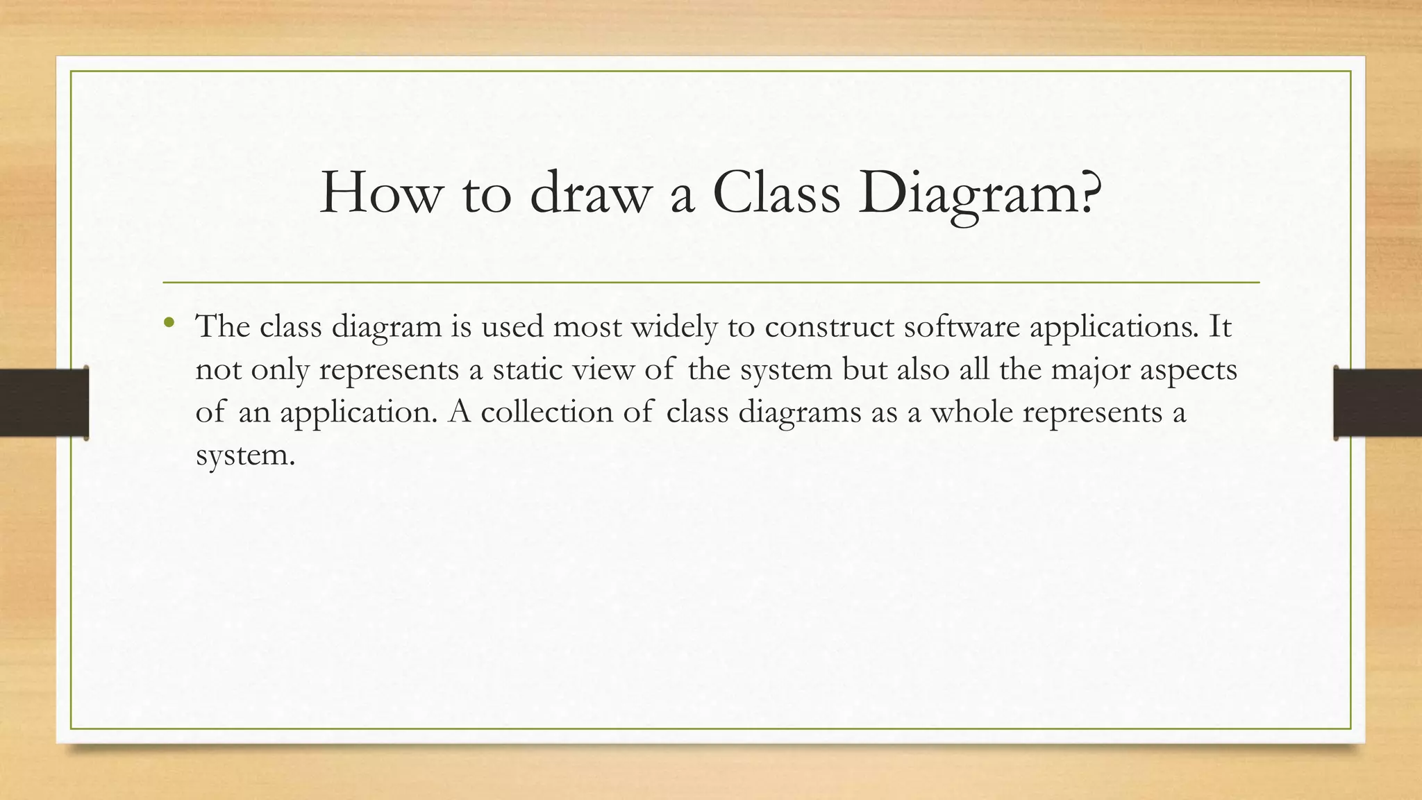 How to draw a Class Diagram?
• The class diagram is used most widely to construct software applications. It
not only represents a static view of the system but also all the major aspects
of an application. A collection of class diagrams as a whole represents a
system.
 