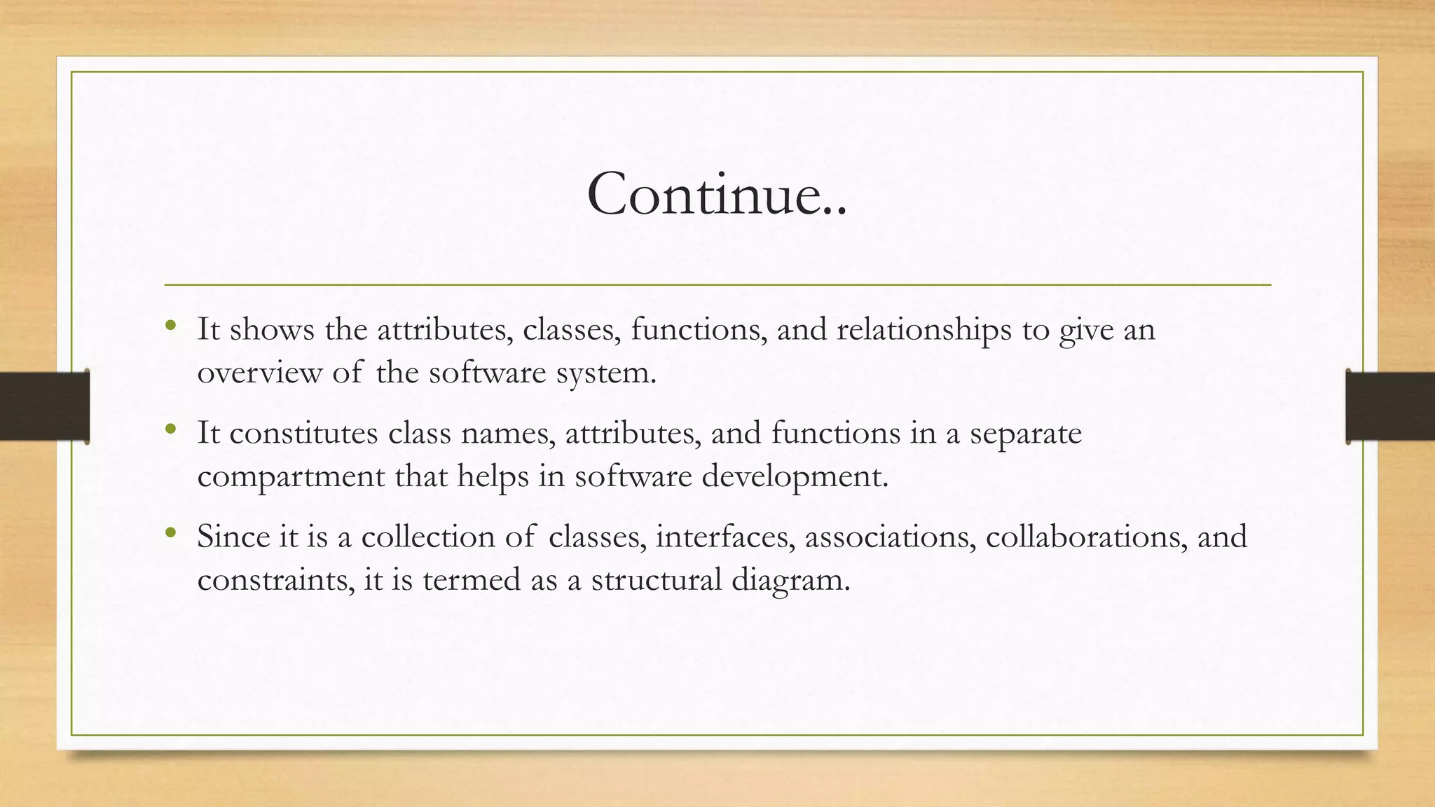 Continue..
• It shows the attributes, classes, functions, and relationships to give an
overview of the software system.
• It constitutes class names, attributes, and functions in a separate
compartment that helps in software development.
• Since it is a collection of classes, interfaces, associations, collaborations, and
constraints, it is termed as a structural diagram.
 