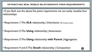 EXTRACTING REAL WORLD RELATIONSHIPS FROM REQUIREMENTS
• If you flesh out the above five point requirement, we can easily visualize four
relationships:
• Requirement 1:The IS A relationship | Inheritance (We ‘ll discuss latter)
• Requirement 2:The Using relationship | Association
• Requirement 3:The Using relationship with Parent | Aggregation
• Requirement 4 and 5:The Death relationship | Composition 6
 