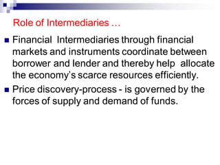 ◼ Financial Intermediaries through financial
markets and instruments coordinate between
borrower and lender and thereby help allocate
the economy’s scarce resources efficiently.
◼ Price discovery-process - is governed by the
forces of supply and demand of funds.
Role of Intermediaries …
 