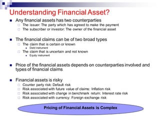 Understanding Financial Asset?
◼ Any financial assets has two counterparties
 The issuer: The party which has agreed to make the payment
 The subscriber or investor: The owner of the financial asset
◼ The financial claims can be of two broad types
 The claim that is certain or known
◼ Debt instrument
 The claim that is uncertain and not known
◼ Equity instrument
◼ Price of the financial assets depends on counterparties involved and
types of financial claims
◼ Financial assets is risky
 Counter party risk: Default risk
 Risk associated with future value of claims: Inflation risk
 Risk associated with change in benchmark return: Interest rate risk
 Risk associated with currency: Foreign exchange risk
Pricing of Financial Assets is Complex
 