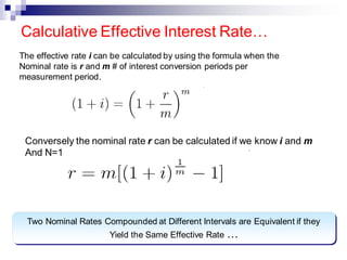 Calculative Effective Interest Rate…
The effective rate i can be calculated by using the formula when the
Nominal rate is r and m # of interest conversion periods per
measurement period.
Conversely the nominal rate r can be calculated if we know i and m
And N=1
Two Nominal Rates Compounded at Different Intervals are Equivalent if they
Yield the Same Effective Rate …
 