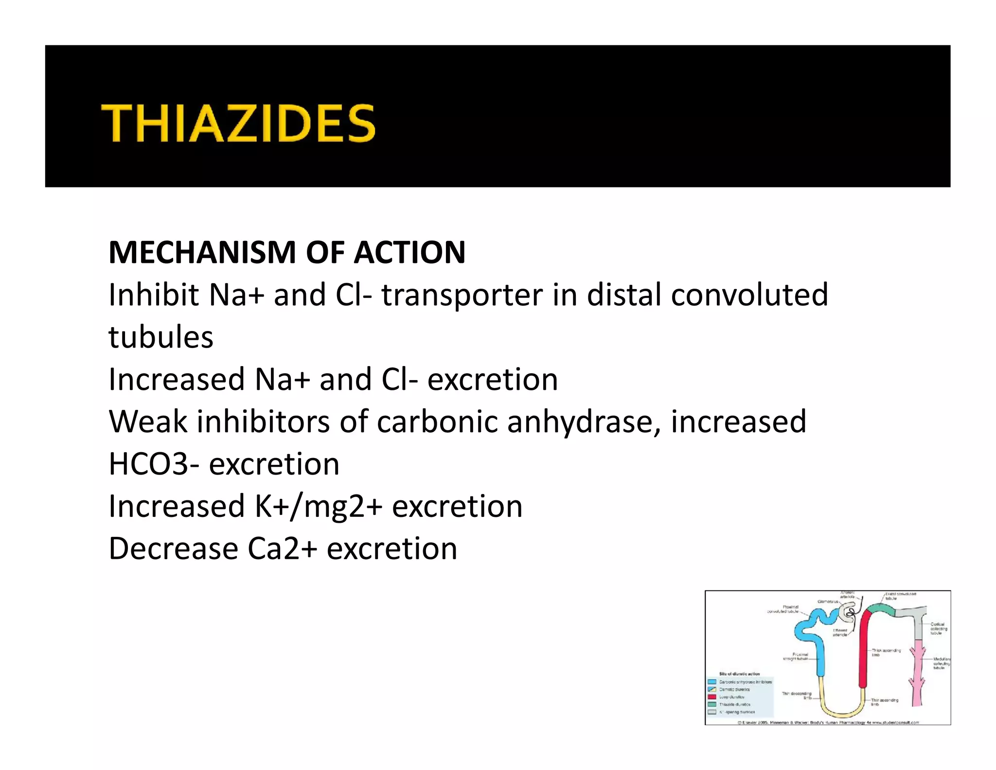 MECHANISM OF ACTION
Inhibit Na+ and Cl- transporter in distal convoluted
tubules
Increased Na+ and Cl- excretion
Weak inhibitors of carbonic anhydrase, increased
HCO3- excretion
Increased K+/mg2+ excretion
Decrease Ca2+ excretion
 
