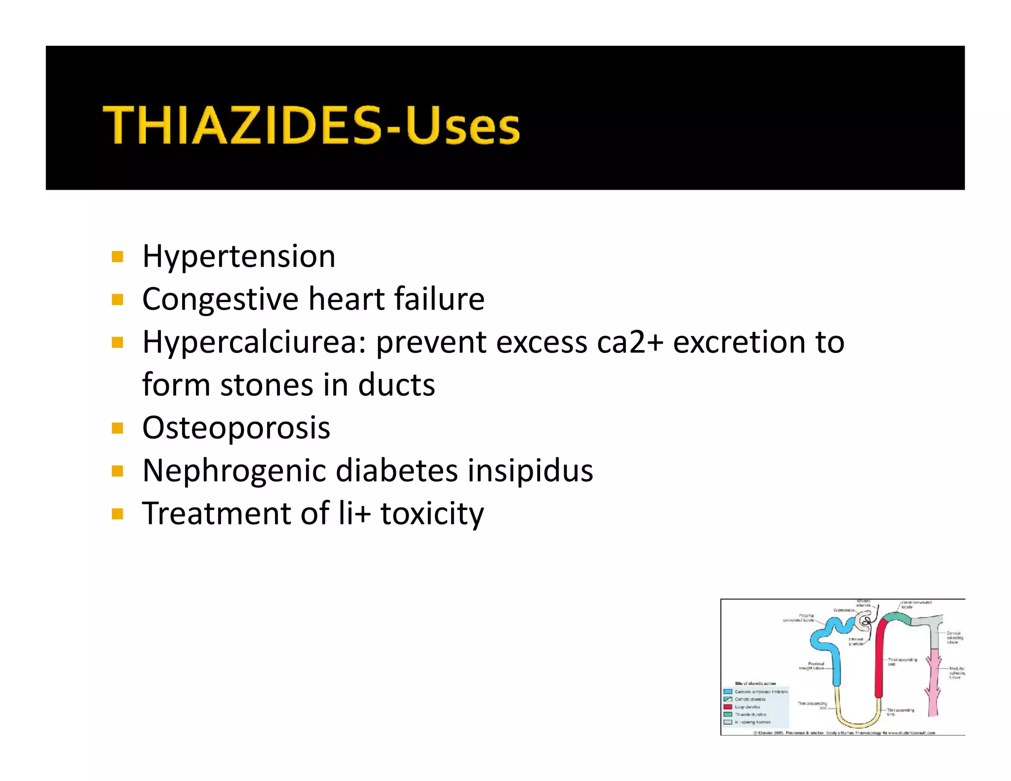  Hypertension
 Congestive heart failure
 Hypercalciurea: prevent excess ca2+ excretion to
form stones in ducts
 Osteoporosis
 Nephrogenic diabetes insipidus
 Treatment of li+ toxicity
 