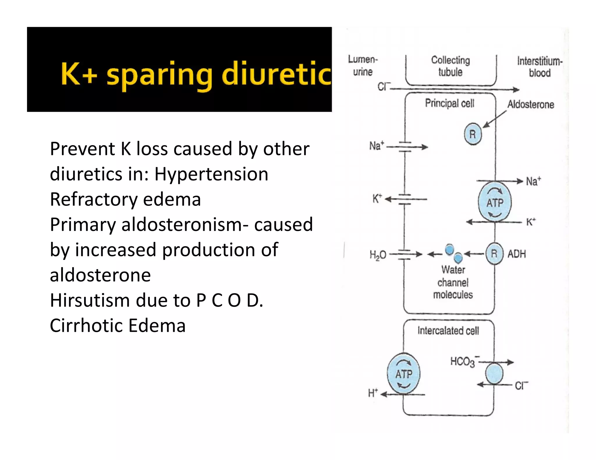 Prevent K loss caused by other
diuretics in: Hypertension
Refractory edema
Primary aldosteronism- caused
by increased production of
aldosterone
Hirsutism due to P C O D.
Cirrhotic Edema
 