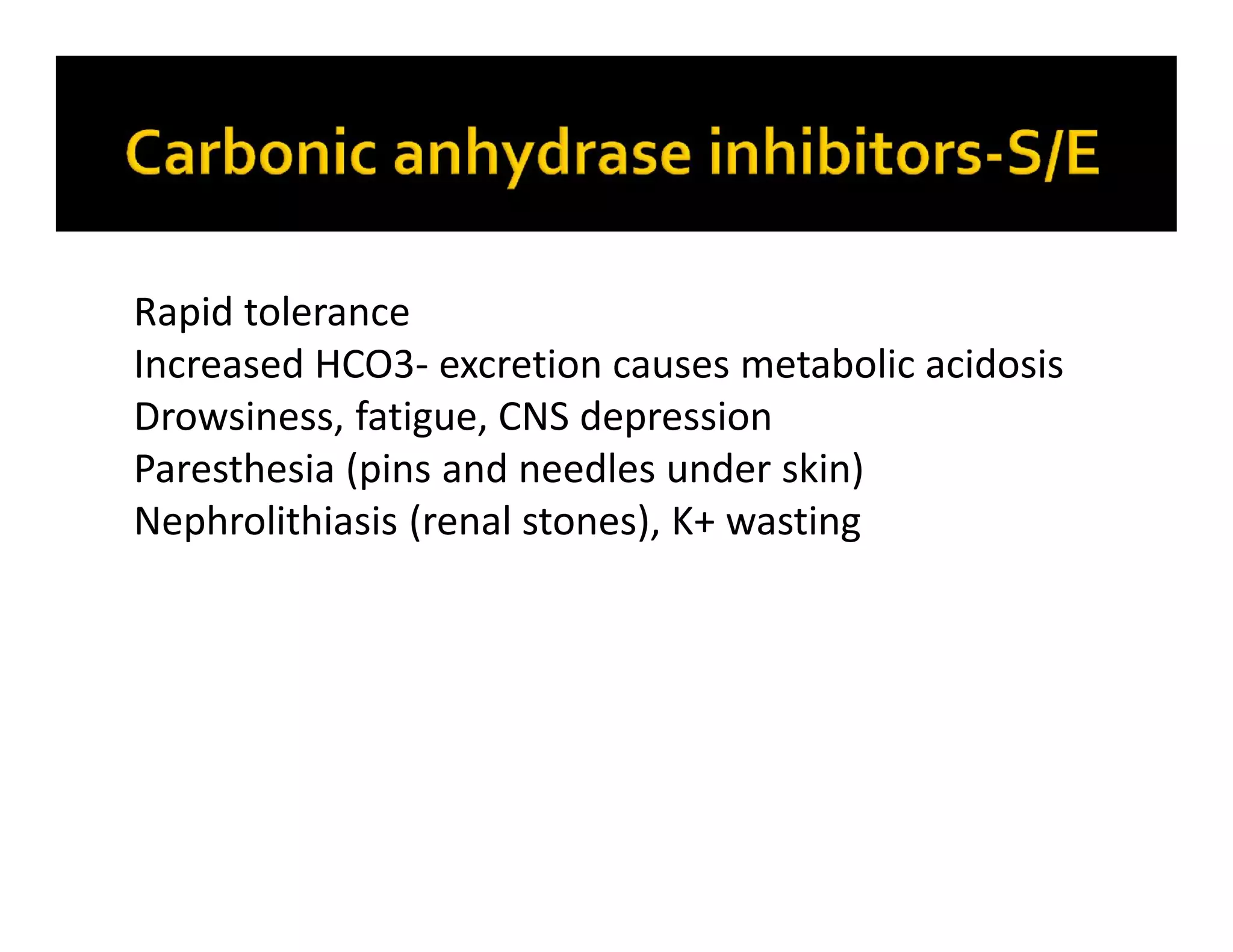 Rapid tolerance
Increased HCO3- excretion causes metabolic acidosis
Drowsiness, fatigue, CNS depression
Paresthesia (pins and needles under skin)
Nephrolithiasis (renal stones), K+ wasting
 
