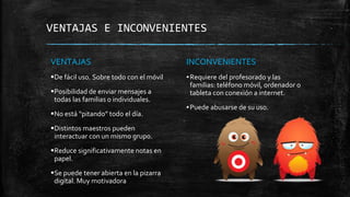 VENTAJAS E INCONVENIENTES
VENTAJAS
De fácil uso. Sobre todo con el móvil
Posibilidad de enviar mensajes a
todas las familias o individuales.
No está “pitando” todo el día.
Distintos maestros pueden
interactuar con un mismo grupo.
Reduce significativamente notas en
papel.
Se puede tener abierta en la pizarra
digital. Muy motivadora
INCONVENIENTES
▪Requiere del profesorado y las
familias: teléfono móvil, ordenador o
tableta con conexión a internet.
▪Puede abusarse de su uso.
 