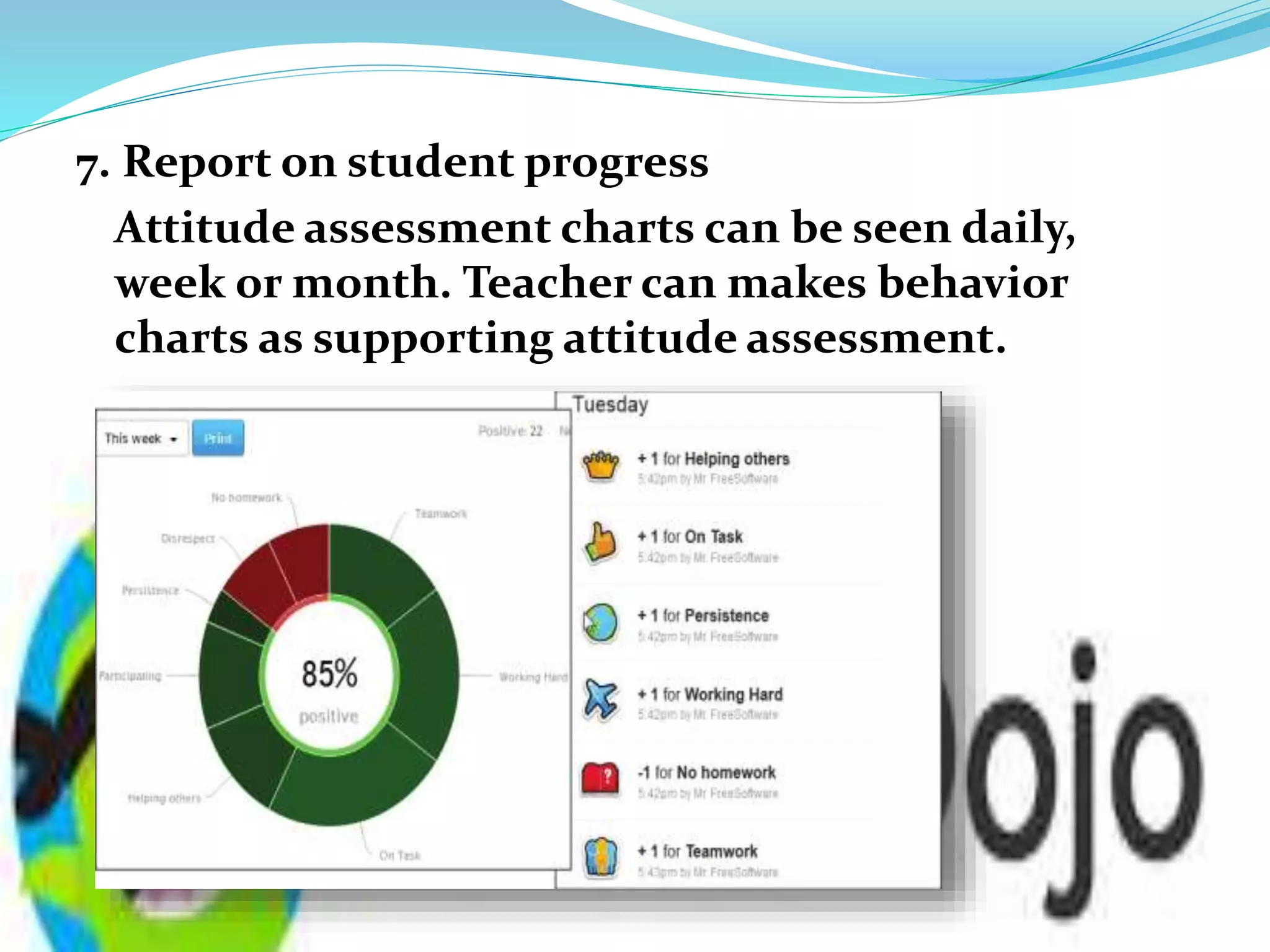 7. Report on student progress
Attitude assessment charts can be seen daily,
week or month. Teacher can makes behavior
charts as supporting attitude assessment.
 