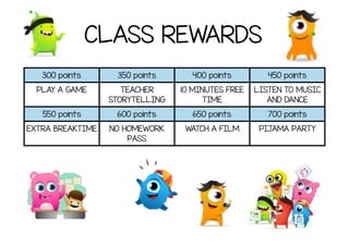 300 points 350 points 400 points 450 points
PLAY A GAME TEACHER
STORYTELLING
10 MINUTES FREE
TIME
LISTEN TO MUSIC
AND DANCE
550 points 600 points 650 points 700 points
EXTRA BREAKTIME NO HOMEWORK
PASS
WATCH A FILM PIJAMA PARTY
CLASS REWARDS
 