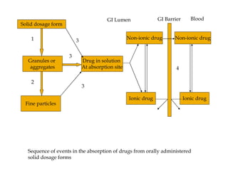 Solid dosage form
Granules or
aggregates
Fine particles
Drug in solution
At absorption site
Ionic drug Ionic drug
Non-ionic drugNon-ionic drug1
2
3
3
3
4
BloodGI Lumen GI Barrier
Sequence of events in the absorption of drugs from orally administered
solid dosage forms
 
