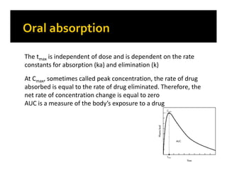 The tmax is independent of dose and is dependent on the rate
constants for absorption (ka) and elimination (k)
At Cmax, sometimes called peak concentration, the rate of drug
absorbed is equal to the rate of drug eliminated. Therefore, the
net rate of concentration change is equal to zero
AUC is a measure of the body’s exposure to a drug
32
 