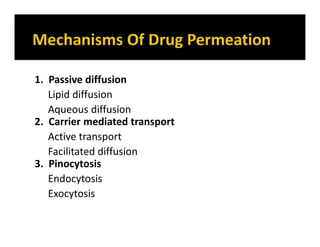 1. Passive diffusion
Lipid diffusion
Aqueous diffusion
2. Carrier mediated transport
Active transport
Facilitated diffusion
3. Pinocytosis
Endocytosis
Exocytosis
 