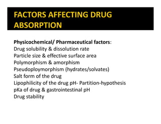 Physicochemical/ Pharmaceutical factors:
Drug solubility & dissolution rate
Particle size & effective surface area
Polymor...