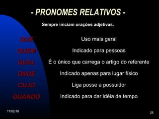 17/02/16 28
- PRONOMES RELATIVOS -
Sempre iniciam orações adjetivas.
QUEQUE Uso mais geral
QUEMQUEM Indicado para pessoas
QUALQUAL É o único que carrega o artigo do referente
ONDEONDE Indicado apenas para lugar físico
CUJOCUJO Liga posse a possuidor
QUANDOQUANDO Indicado para dar idéia de tempo
 