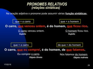 17/02/16 29
PRONOMES RELATIVOS
(relações sintáticas)
Na oração adjetiva o pronome pode assumir várias função sintáticas.
O carro, que venceu ontem, é do homem, que ficou rico.
O carro venceu ontem.
que = o carro que = o homem
O homem ficou rico.
Sujeito Sujeito
O carro, que eu comprei, é do homem, de que falamos.
Eu comprei o carro.
que = o carro de que = do homem
Nós falamos do homem.
Objeto Direto Objeto indireto
 