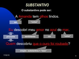 17/02/16 4
SUBSTANTIVO
O substantivo pode ser:
A Amanda tem olhos lindos.
Eu descobri meu amor no azul do mar.
Quem descobriu que o ouro foi roubado?
ser “coisa”
pronome sentimento cor “coisa”
oração substantiva = “isso”
 
