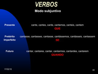 17/02/16 40
VERBOS
Modo subjuntivo
Presente cante, cantes, cante, cantemos, canteis, cantem
QUE
Pretérito
Imperfeito
cantasse, cantasses, cantasse, cantássemos, cantásseis, cantassem
SE
Futuro cantar, cantares, cantar, cantarmos, cantardes, cantarem
QUANDO
 