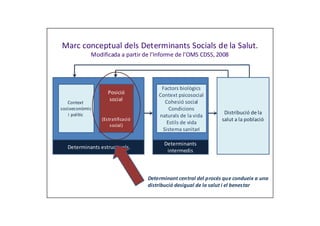 Marc conceptual dels Determinants Socials de la Salut.
            Modificada a partir de l’Informe de l’OMS CDSS, 2008




                                       Factors biològics
                   Posició            Context psicosocial
                   social               Cohesió social
   Context
socioeconòmic                             Condicions
    i polític                                                    Distribució de la
                                      naturals de la vida
                (Estratificació                                 salut a la població
                    social)
                                         Estils de vida
                                       Sistema sanitari

                                        Determinants
   Determinants estructurals
                                         intermedis



                                  Determinant central del procés que condueix a una
                                  distribució desigual de la salut i el benestar
 