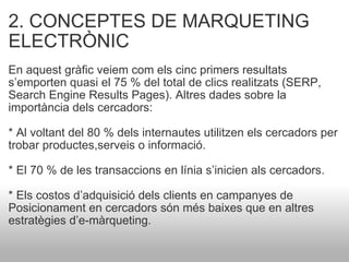2. CONCEPTES DE MARQUETING ELECTRÒNIC En aquest gràfic veiem com els cinc primers resultats s’emporten quasi el 75 % del total de clics realitzats (SERP, Search Engine Results Pages). Altres dades sobre la importància dels cercadors:    * Al voltant del 80 % dels internautes utilitzen els cercadors per trobar productes,serveis o informació.    * El 70 % de les transaccions en línia s’inicien als cercadors.    * Els costos d’adquisició dels clients en campanyes de Posicionament en cercadors són més baixes que en altres estratègies d’e-màrqueting. 